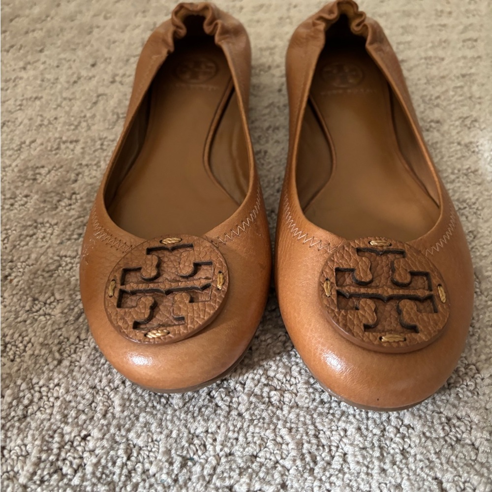 Tory Burch Tan Flats with Signature Logo